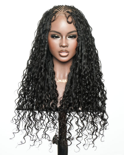 Avery Fulani Human Hair Glueless Swiss HD Lace Cornrow Frontal Boho Box Braided Wig Deep Wave 24 Inches