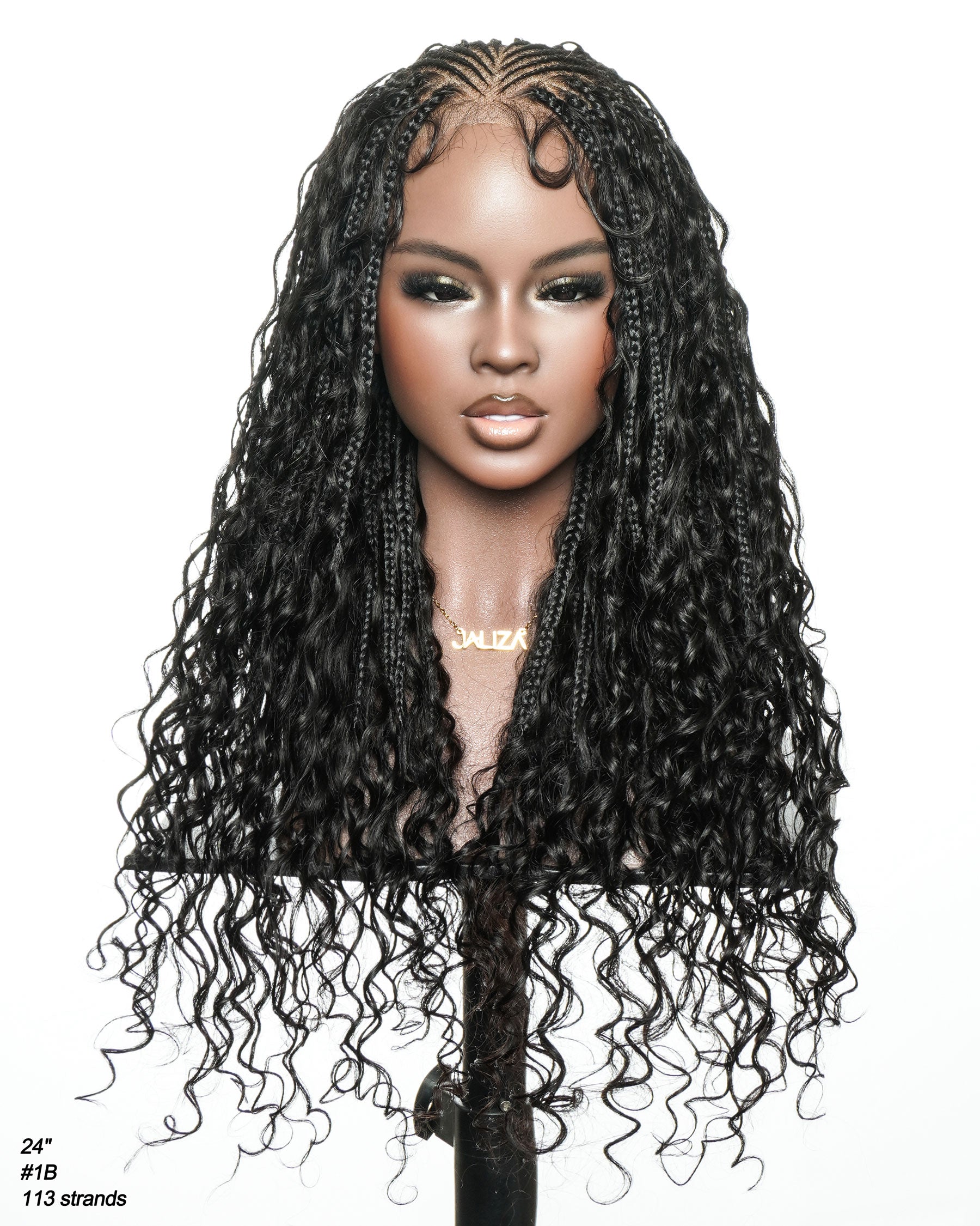 Avery Fulani Human Hair Glueless Swiss HD Lace Cornrow Frontal Boho Box Braided Wig Deep Wave 24 Inches