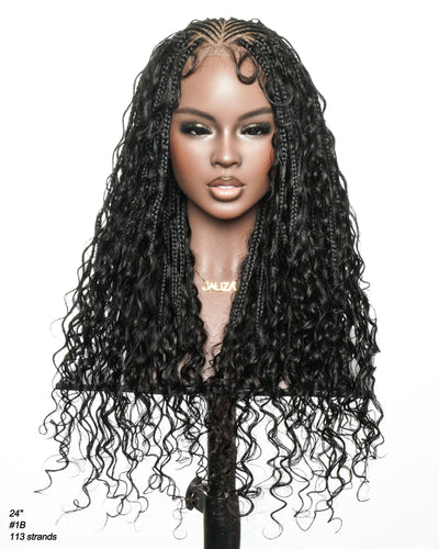 Avery Fulani Human Hair Glueless Swiss HD Lace Cornrow Frontal Boho Box Braided Wig Deep Wave 24 Inches