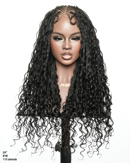Avery Fulani Human Hair Glueless Swiss HD Lace Cornrow Frontal Boho Box Braided Wig Deep Wave 24 Inches