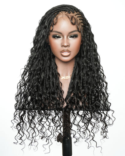 Avery Fulani Human Hair Glueless Swiss HD Lace Cornrow Frontal Boho Box Braided Wig Deep Wave 24 Inches