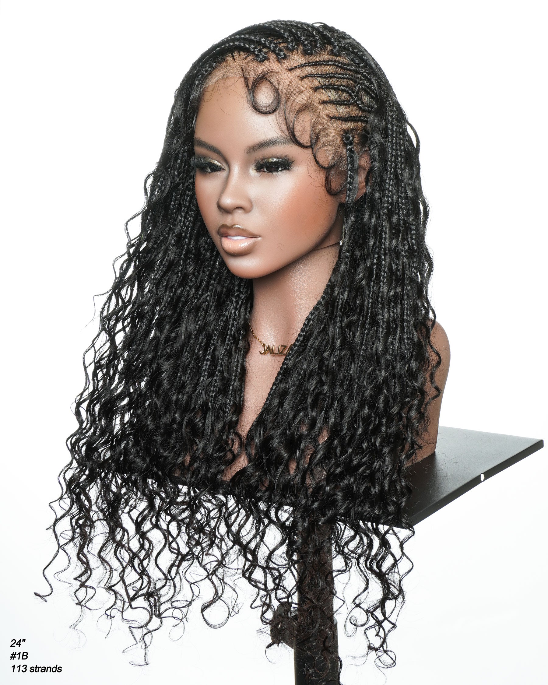 Avery Fulani Human Hair Glueless Swiss HD Lace Cornrow Frontal Boho Box Braided Wig Deep Wave 24 Inches