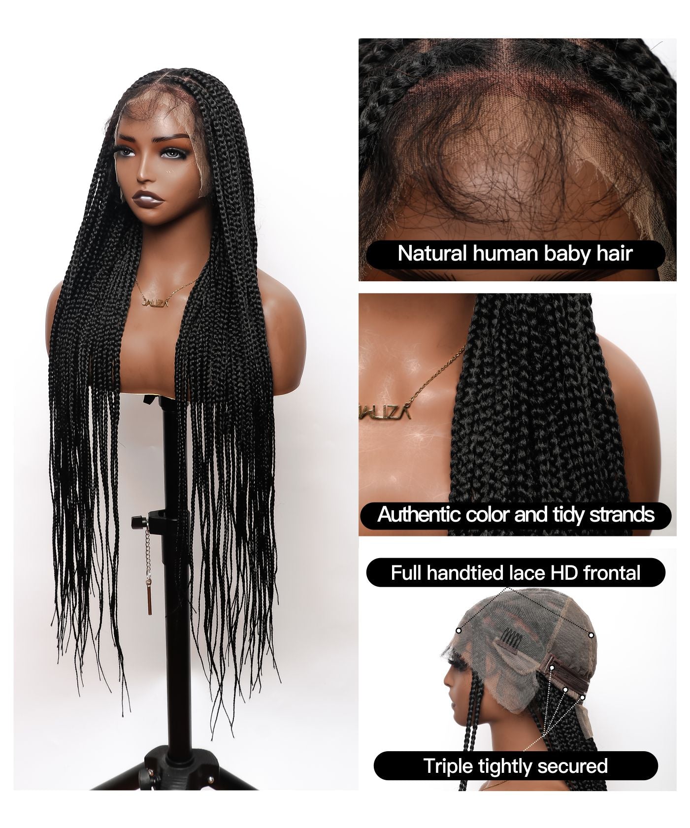 Knotless Box Braided Wig 36" Full Hand-tied HD Lace 79 Strands - Human Baby Hair