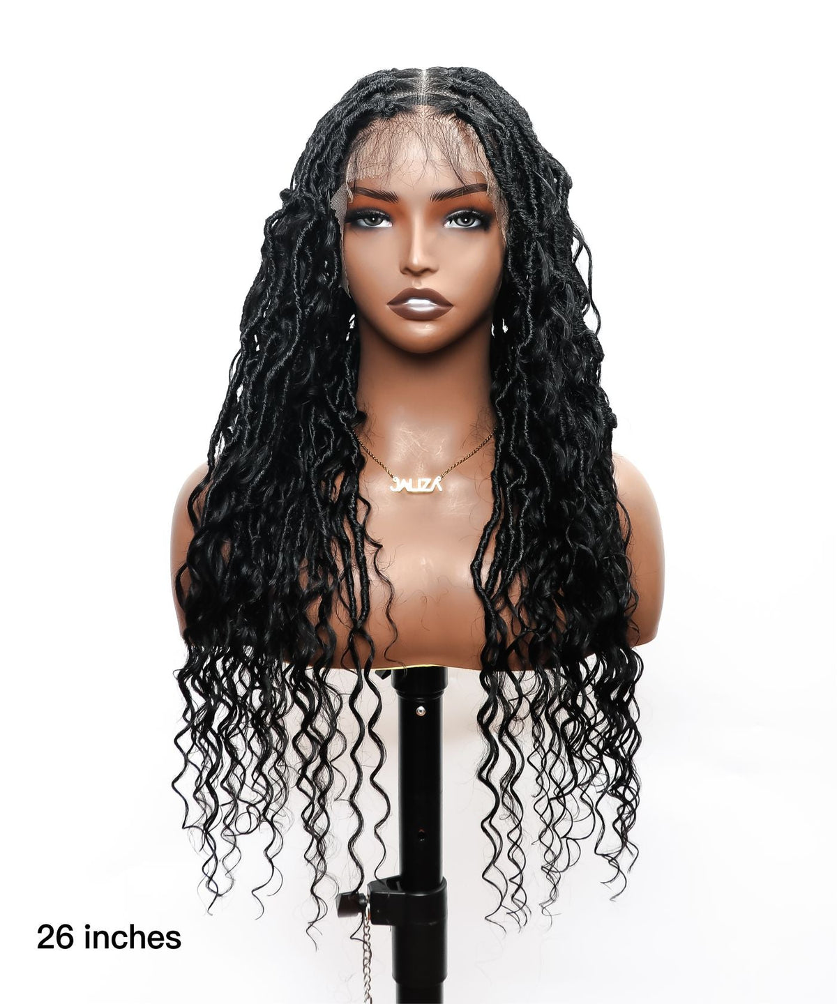 JALIZA 26-inch black boho locs braided wig with HD lace frontal and curly ends displayed on a mannequin