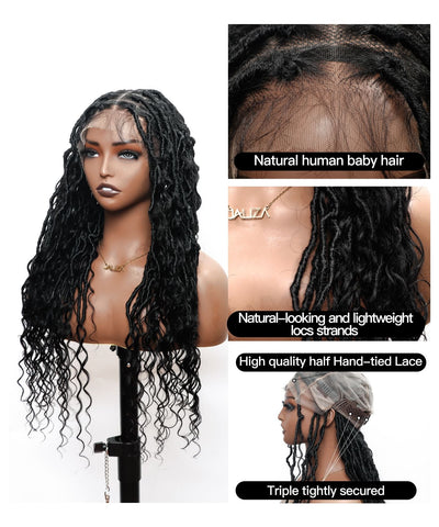 JALIZA Black Boho Locs Braids Full Hand-tied HD Lace Braided Wig (Mannequin - Front View)