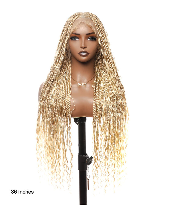 Tangleless Knotless Boho Box Braided Wig 36" Human Hair Boho Curls Full Lace 86 Strands - Human Baby Hair