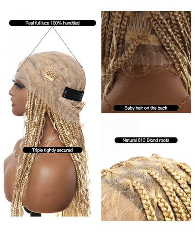 100% Hand-Tied Full Transparent Lace Human Hair Boho Curls Knotless Boho Box Braided Wig