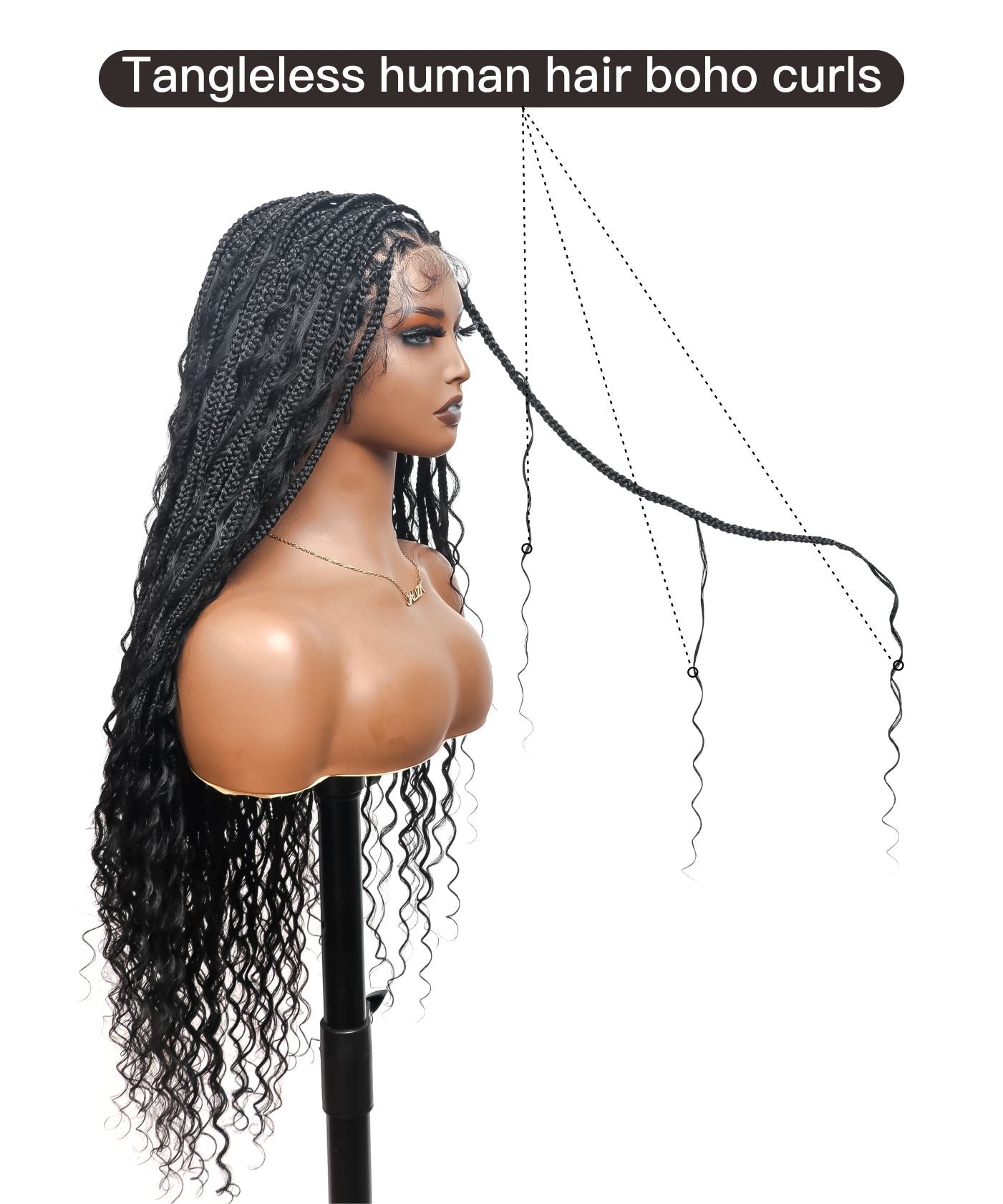 Triangle Base Human Hair Boho Curls 36" HD Full Lace Knotless Boho Box Braided Wig Full Density 99 Strands