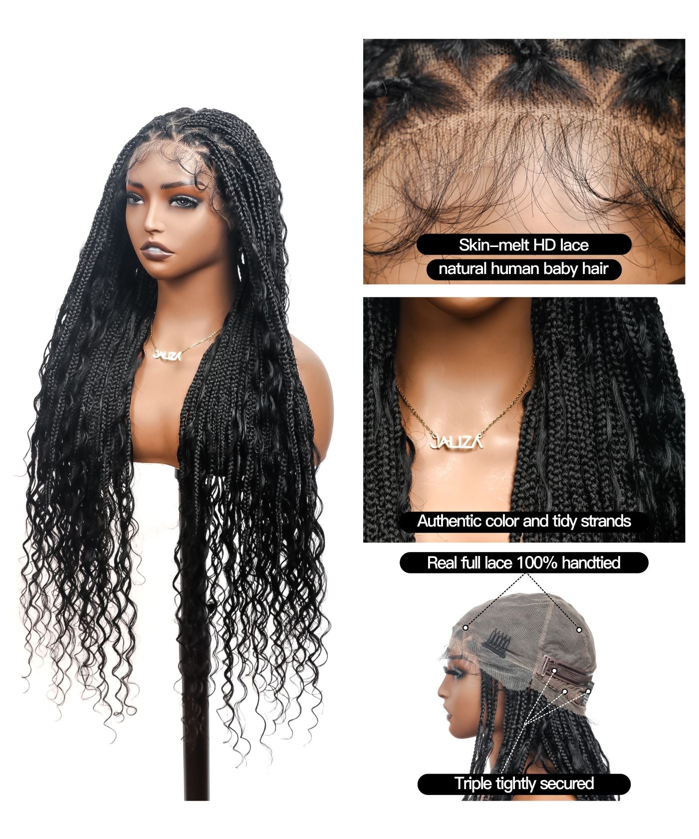 Triangle Base Human Hair Boho Curls 36" HD Full Lace Knotless Boho Box Braided Wig Full Density 99 Strands