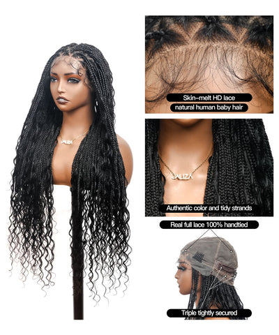 Triangle Base Human Hair Boho Curls 36" HD Full Lace Knotless Boho Box Braided Wig Full Density 99 Strands