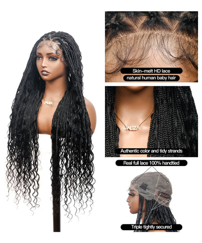 Triangle Base Human Hair Boho Curls 36" HD Full Lace Knotless Boho Box Braided Wig Full Density 99 Strands