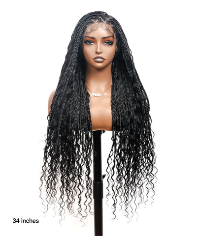Triangle Base Human Hair Boho Curls 36" HD Full Lace Knotless Boho Box Braided Wig Full Density 99 Strands
