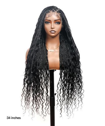Triangle Base Human Hair Boho Curls 36" HD Full Lace Knotless Boho Box Braided Wig Full Density 99 Strands