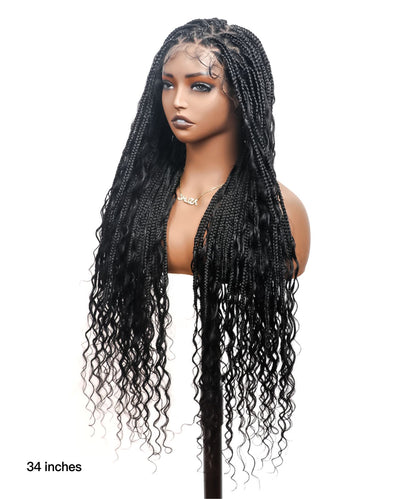 Triangle Base Human Hair Boho Curls 36" HD Full Lace Knotless Boho Box Braided Wig Full Density 99 Strands