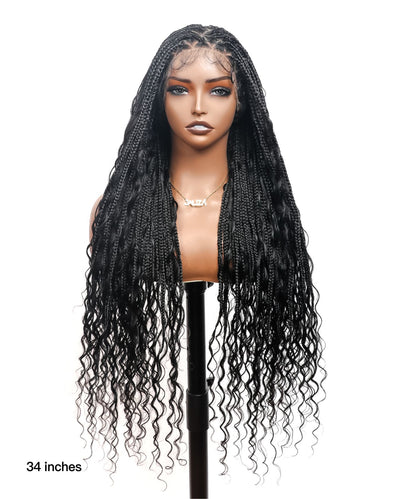 Triangle Base Human Hair Boho Curls 36" HD Full Lace Knotless Boho Box Braided Wig Full Density 99 Strands