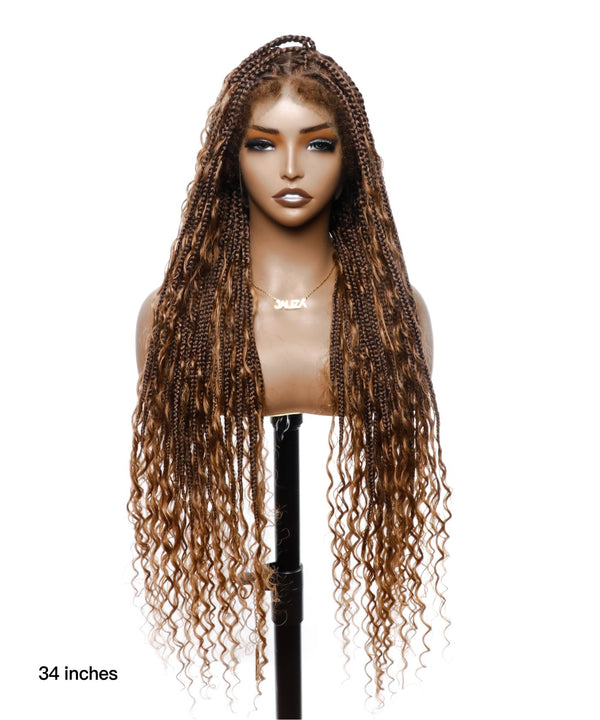 Tangleless Human Hair Boho Curls Box Braided Wig 34" Triangle Base - Human Baby Hair