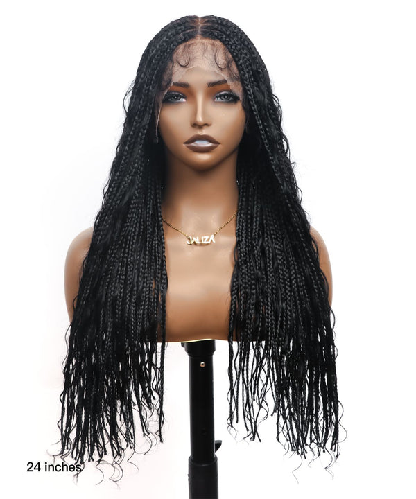 Pre Bleached Tangleless HD Lace Knotless Boho Box Braided Wig 88 Strands - Human Hair Roots & Boho Curls & Baby Hair