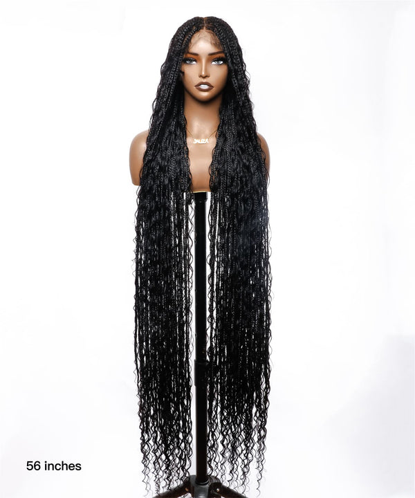 Pre Bleached Tangleless 56" HD Lace Knotless Box Boho Braided Wig 100 Strands - Human Hair Roots & Boho Curls & Baby Hair
