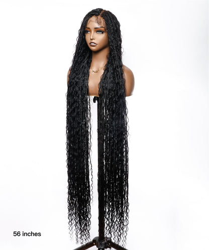 Pre Bleached Human Hair Lace Tangleless 56" HD Lace Knotless Box Boho Braided Wig 100 Strands - Human Hair Roots & Boho Curls & Baby Hair