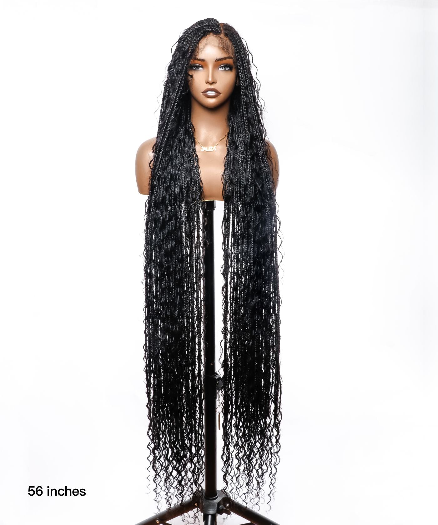 Pre Bleached Human Hair Lace Tangleless 56" HD Lace Knotless Box Boho Braided Wig 100 Strands - Human Hair Roots & Boho Curls & Baby Hair