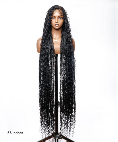 Pre Bleached Human Hair Lace Tangleless 56" HD Lace Knotless Box Boho Braided Wig 100 Strands - Human Hair Roots & Boho Curls & Baby Hair