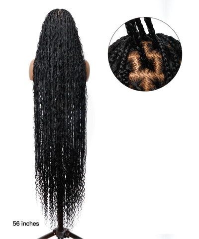 Pre Bleached Human Hair Lace Tangleless 56" HD Lace Knotless Box Boho Braided Wig 100 Strands - Human Hair Roots & Boho Curls & Baby Hair