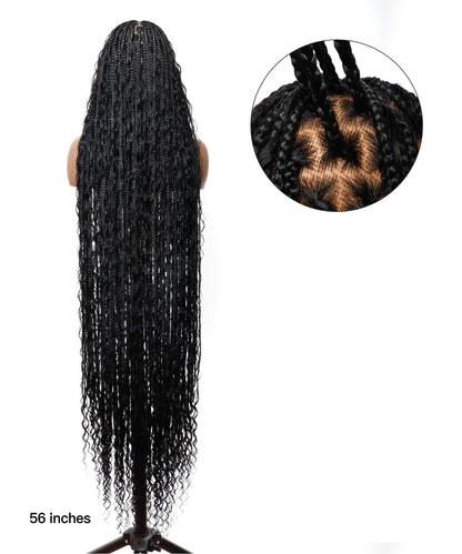 Pre Bleached Human Hair Lace Tangleless 56" HD Lace Knotless Box Boho Braided Wig 100 Strands - Human Hair Roots & Boho Curls & Baby Hair