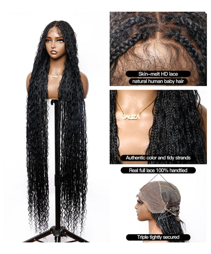 Pre Bleached Human Hair Lace Tangleless 56" HD Lace Knotless Box Boho Braided Wig 100 Strands - Human Hair Roots & Boho Curls & Baby Hair