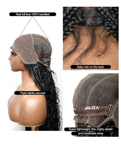 Pre Bleached Human Hair Lace Tangleless 56" HD Lace Knotless Box Boho Braided Wig 100 Strands - Human Hair Roots & Boho Curls & Baby Hair