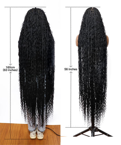 Pre Bleached Human Hair Lace Tangleless 56" HD Lace Knotless Box Boho Braided Wig 100 Strands - Human Hair Roots & Boho Curls & Baby Hair