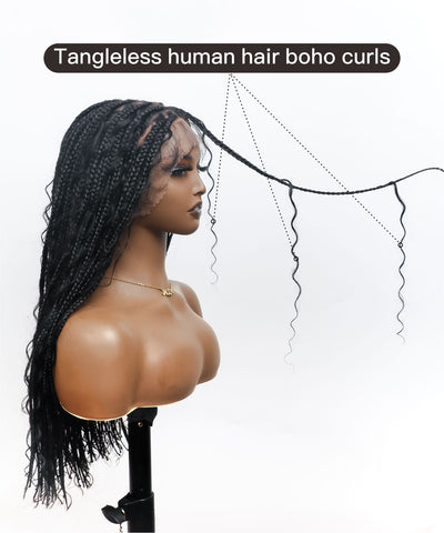Pre Bleached Human Hair Lace Tangleless Swiss HD Lace Knotless Boho Box Braided Wig 88 Strands