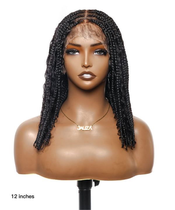 Pre Bleached Tangleless 12" HD Lace Knotless Box Boho Braided Wig 88 Strands - Human Hair Roots & Boho Curls & Baby Hair