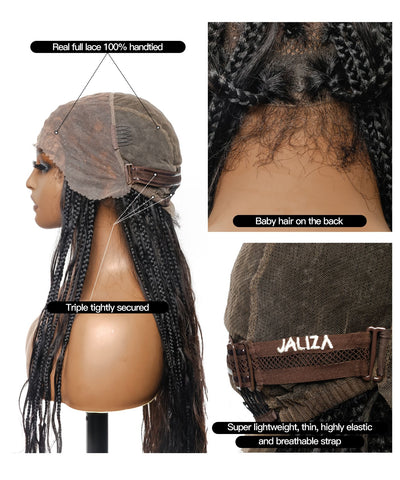 Human Hair Loose Body 42" Full Lace Knotless Boho Box Braided Wig 121 Strands (US Warehouse)