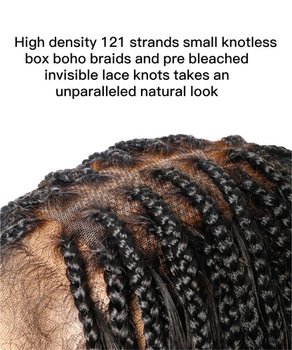Pre Bleached Human Hair Lace Tangleless 42" High Density Knotless Box Boho Braided Wig 121 Strands - Human Hair Roots & Boho Curls & Baby Hair