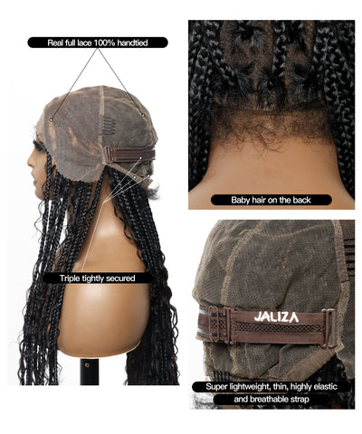 36" Pre Bleached Human Hair Boho Curls HD Full Lace Knotless Boho Box Braided Wig