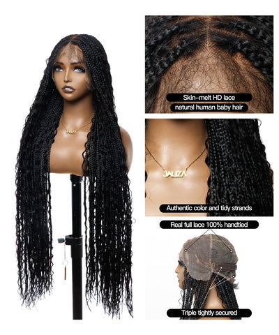 Pre Bleached Human Hair Lace Tangleless Swiss HD Lace Knotless Boho Box Braided Wig 88 Strands