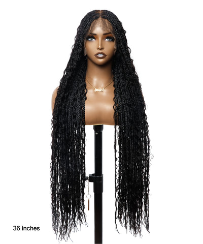 36" Pre Bleached Human Hair Boho Curls HD Full Lace Knotless Boho Box Braided Wig