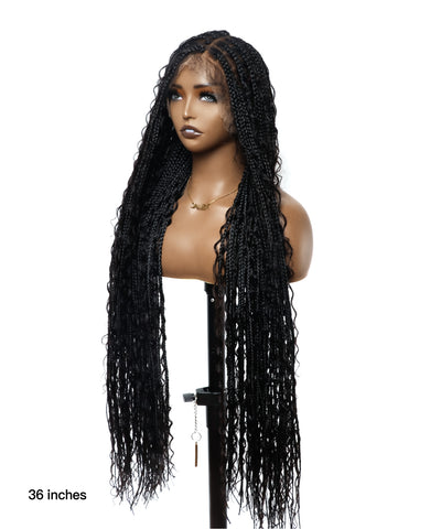 36" Pre Bleached Human Hair Boho Curls HD Full Lace Knotless Boho Box Braided Wig