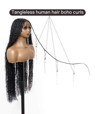 36" Pre Bleached Human Hair Boho Curls HD Full Lace Knotless Boho Box Braided Wig