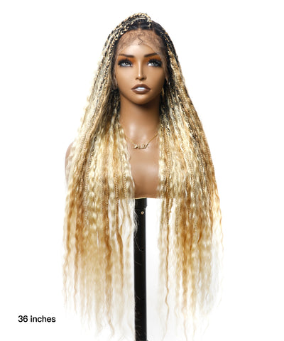 Human Hair Super Boho Color #27/613 Pre Bleached Human Hair Lace Knotless Boho Box Braided Wig Full-dense 100 Strands