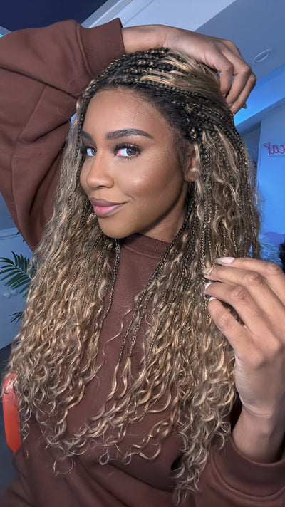 Kiki -  24" Pre Bleached Human Hair Lace Base Swiss HD Full Lace Human Hair Curls Boho Box Braided Wig