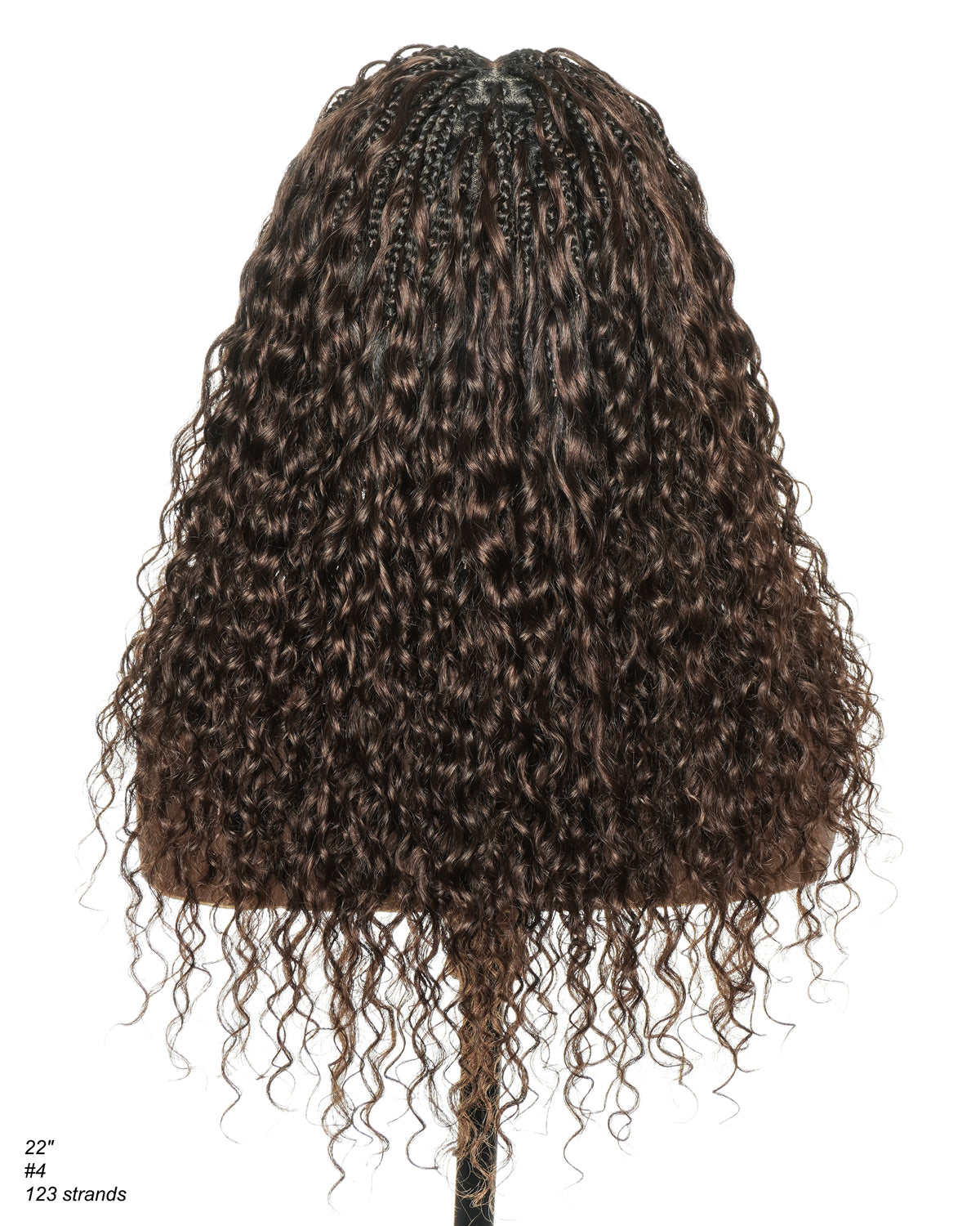 22" Bora Bora Dark Brown #4 Pre Bleached Human Hair Curls HD Full Lace Boho Box Braided Wig