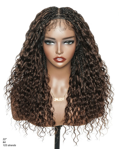 22" Bora Bora Dark Brown #4 Pre Bleached Human Hair Curls HD Full Lace Boho Box Braided Wig