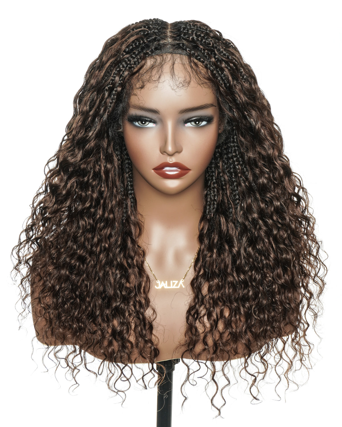 22" Bora Bora Dark Brown #4 Pre Bleached Human Hair Curls HD Full Lace Boho Box Braided Wig