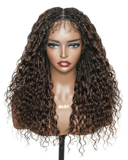 22" Bora Bora Dark Brown #4 Pre Bleached Human Hair Curls HD Full Lace Boho Box Braided Wig