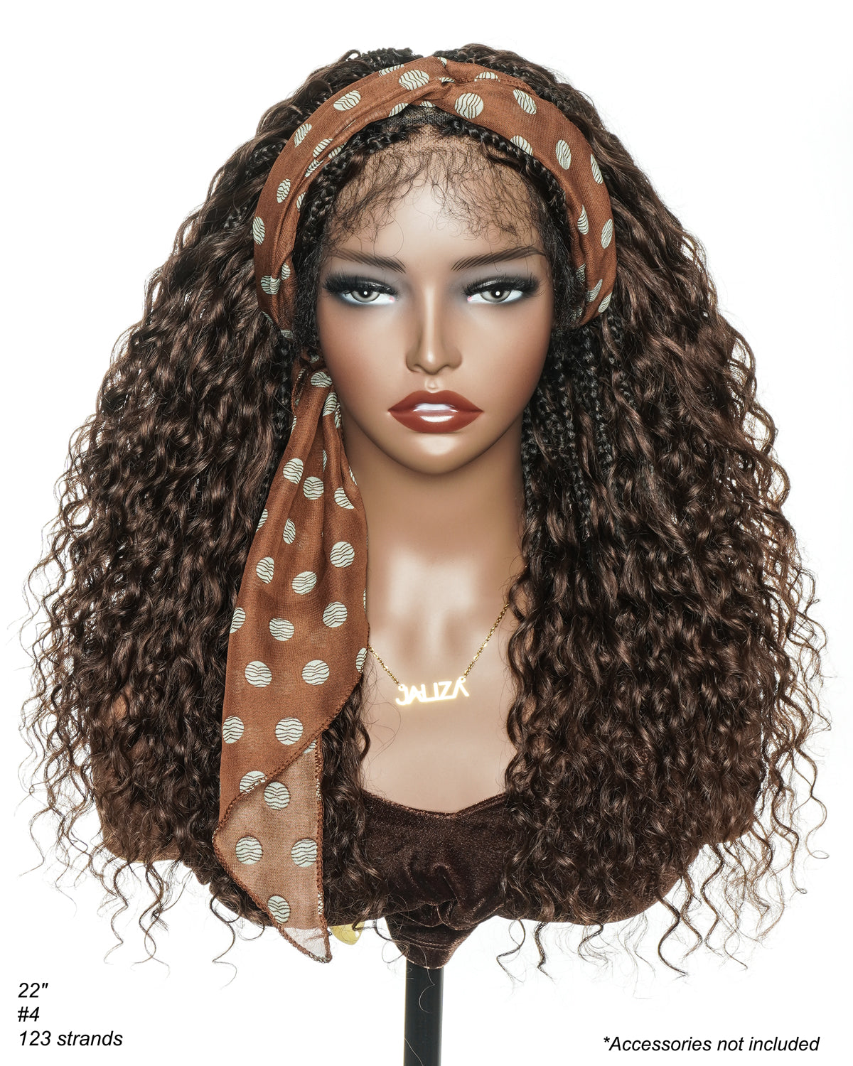 22" Bora Bora Dark Brown #4 Pre Bleached Human Hair Curls HD Full Lace Boho Box Braided Wig