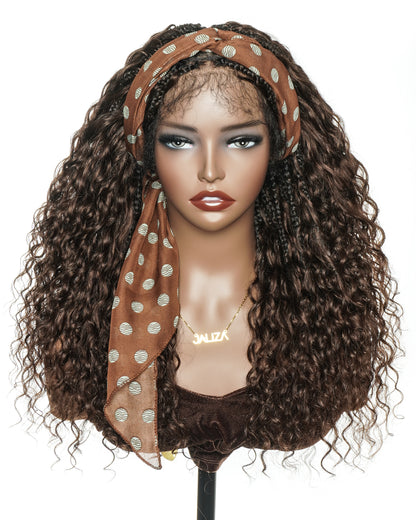 22" Bora Bora Dark Brown #4 Pre Bleached Human Hair Curls HD Full Lace Boho Box Braided Wig
