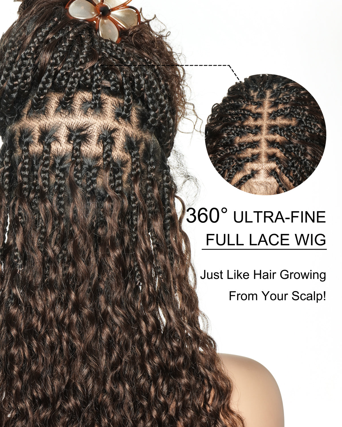 22" Bora Bora Dark Brown #4 Pre Bleached Human Hair Curls HD Full Lace Boho Box Braided Wig