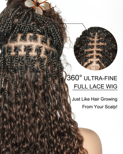 22" Bora Bora Dark Brown #4 Pre Bleached Human Hair Curls HD Full Lace Boho Box Braided Wig