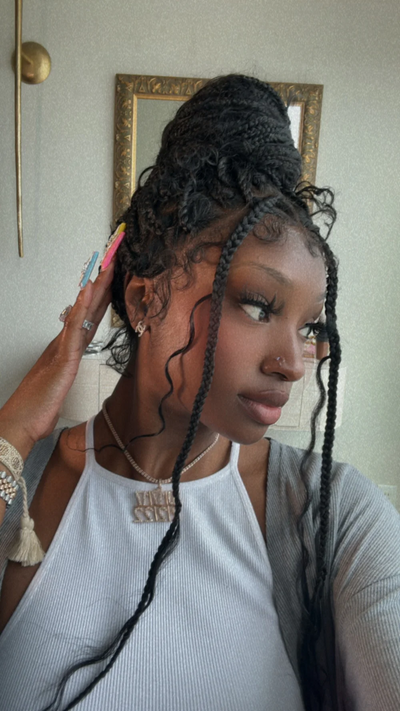 Clearance Item - Triangle Base HD Full Lace Human Hair Boho Curls Knotless Boho Box Braided Wig 36"